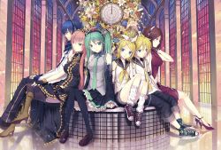 Rule 34 | 2boys, 4girls, aqua eyes, aqua hair, argyle, argyle clothes, argyle legwear, blonde hair, blue eyes, blue hair, boots, brown hair, choker, clock, cross-laced footwear, detached sleeves, flower, green eyes, hatsune miku, headphones, high heels, holding hands, indoors, kagamine len, kagamine rin, kaito (vocaloid), kitiroku, knee boots, lace-up boots, legs, loafers, long hair, looking at viewer, loose socks, megurine luka, meiko (vocaloid), multiple boys, multiple girls, necktie, pantyhose, pink hair, red eyes, roman numeral, shoes, shorts, sitting, smile, sneakers, socks, thighhighs, twintails, vocaloid