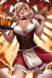 Rule 34 | 1girl, alcohol, alternate hairstyle, apron, artist name, beer, beer mug, blonde hair, blue eyes, breasts, brown neckwear, choker, cleavage, commentary, cowboy shot, cup, dated, dirndl, earrings, frilled skirt, frills, german clothes, glowing, glowing wings, heart, holding, holding tray, jewelry, large breasts, lips, lipstick, long hair, looking at viewer, makeup, md5 mismatch, mechanical wings, mercy (overwatch), mug, nail polish, nose, oktoberfest, olchas, open mouth, overwatch, overwatch 1, patreon logo, patreon username, pink lips, puffy short sleeves, puffy sleeves, short sleeves, signature, skirt, smile, solo, spread wings, teeth, tray, upper teeth only, watermark, web address, wings, yellow wings