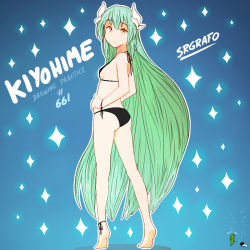 Rule 34 | 1girl, anklet, ass, barefoot, bikini, black bikini, bracelet, english text, fate/grand order, fate (series), from behind, green hair, hands on own hips, horns, jewelry, kiyohime (fate), long hair, looking at viewer, looking back, srgrafo, standing, swimsuit, tiptoes, very long hair, yellow eyes