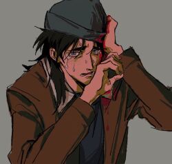 Rule 34 | 1boy, beanie, black hair, blood, blood on clothes, blood on face, bomber jacket, brown jacket, commentary request, crying, crying with eyes open, facial scar, grey background, grey eyes, grey hat, hat, itou kaiji, jacket, kaiji, long hair, long sleeves, looking at viewer, male focus, open clothes, open jacket, open mouth, scar, scar on cheek, scar on face, simple background, solo, tears, upper body, zvz (tt82295946)