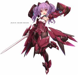 Rule 34 | 1girl, alice gear aegis, bare shoulders, commentary request, copyright name, full body, highres, holding, holding sword, holding weapon, ichijou ayaka, karukan (monjya), long hair, mecha musume, open mouth, purple hair, red eyes, simple background, solo, sword, twintails, weapon, white background