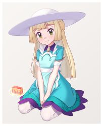 Rule 34 | 1girl, blonde hair, blush, border, cake, closed mouth, commentary request, creatures (company), dress, eyelashes, food, full body, game freak, gazing eye, green dress, green eyes, hat, highres, knees, lillie (pokemon), lillie (special costume) (pokemon), long hair, looking at viewer, nintendo, official alternate costume, own hands together, pantyhose, plate, pokemon, pokemon masters ex, short sleeves, sitting, smile, solo, split mouth, white background, white border, white hat, white pantyhose