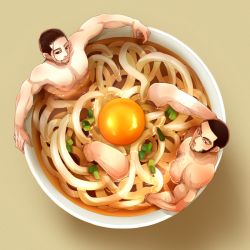 Rule 34 | 2boys, alternate pectoral size, arm hair, bara, black eyes, black hair, blush, bowl, chest hair, completely nude, egg, egg (food), facial hair, facial scar, food, food focus, from above, golden kamuy, hair slicked back, hair strand, in bowl, in container, large pectorals, looking at viewer, male focus, mature male, mini person, miniboy, multiple boys, muscular, muscular male, nantaimori, noodles, nude, ogata hyakunosuke, pectorals, ramen, same-sex bathing, scar, scar on cheek, scar on face, shared bathing, shimotsuki noboru, short hair, stubble, tanigaki genjirou, undercut
