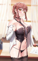 Rule 34 | 1girl, absurdres, black choker, black corset, black garter straps, black necktie, black panties, black thighhighs, blush, braid, braided ponytail, breasts, chainsaw man, choker, closed mouth, commentary request, corset, curtains, desk, dokimaru, earrings, garter straps, highres, jewelry, large breasts, lingerie, looking at viewer, makima (chainsaw man), navel, necktie, o-ring, o-ring choker, off shoulder, paid reward available, panties, paper, red hair, shirt, smile, solo, stomach, thighhighs, thighs, underwear, white shirt, window, yellow eyes