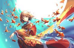 Rule 34 | 1girl, brown eyes, brown hair, fish, goldfish, highres, japanese clothes, kimono, original, outdoors, school of fish, shijohane, short hair, smile, solo, standing, water, wave print, wide sleeves, yellow kimono