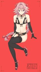 Rule 34 | 1boy, arm support, astolfo (fate), bad id, bad twitter id, bare shoulders, black bow, black bra, black choker, black gloves, black panties, black ribbon, black thighhighs, bow, bra, braid, character name, choker, closed mouth, collarbone, commentary, elbow gloves, expressionless, fate/apocrypha, fate (series), frills, full body, garter belt, gloves, hair between eyes, hair bow, hair intakes, hair ribbon, highres, knees together feet apart, lace, lace-trimmed bra, lace-trimmed panties, lace trim, lingerie, long hair, looking at viewer, male focus, multicolored hair, navel, nippleless clothes, nipples, panties, pas (paxiti), pink hair, purple eyes, red background, red bow, red footwear, red ribbon, ribbon, ribbon choker, simple background, single braid, sitting, solo, stomach, strappy heels, streaked hair, thighhighs, trap, tsurime, underwear, underwear only, very long hair, white hair, wrist bow