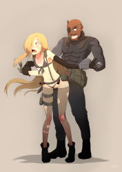 Rule 34 | 1boy, 1girl, absurdres, arm grab, bikini, bikini bottom aside, binbougami ga!, blonde hair, bobby statice, boots, clothed sex, clothes pull, clothing aside, cosplay, dark-skinned male, dark skin, elbow gloves, eyepatch, female pubic hair, flat chest, front-tie bikini top, front-tie top, full body, gloves, grin, hair over one eye, hetero, highres, holster, interracial, long hair, metal gear (series), metal gear solid v: the phantom pain, momiji (binbougami ga!), non-web source, open mouth, pantyhose, pantyhose pull, pubic hair, quiet (metal gear), quiet (metal gear) (cosplay), red eyes, sex, sinner! (sillygirl), smile, standing, standing sex, swimsuit, thigh holster, thighhighs, torn clothes, torn legwear, venom snake, venom snake (cosplay)