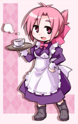Rule 34 | 10s, 1girl, :d, amatsuka megumi (gj-bu), apron, argyle, boots, bow, chibi, cup, dress, gj-bu, hair bow, hand on own hip, kugelschreiber, maid, maid apron, open mouth, pink eyes, pink hair, saucer, short hair, smile, solo, standing, teacup, tray
