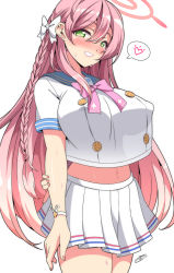 Rule 34 | 1girl, blue archive, blue sailor collar, bow, braid, breasts, covered erect nipples, gradient hair, green eyes, grin, hair bow, halo, hanako (blue archive), large breasts, long hair, looking at viewer, midriff peek, multicolored hair, open mouth, pink hair, pleated skirt, ribbon, sailor collar, sayossa (pak-front), school uniform, see-through silhouette, serafuku, single braid, skirt, smile, solo, white background, white serafuku, wrist ribbon