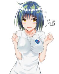 Rule 34 | 1girl, blue hair, blush, breasts, breasts squeezed together, collarbone, covered erect nipples, earth-chan, english text, green hair, highres, j@ck, large breasts, looking at viewer, medium hair, multicolored hair, nasa, nasa logo, no bra, open mouth, original, shirt, short hair, simple background, solo, t-shirt, taut clothes, taut shirt, wavy mouth, white background, yellow eyes