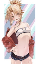 Rule 34 | 1girl, armpits, bad id, bad twitter id, bandeau, bare shoulders, belt, blonde hair, blue shorts, braid, breasts, cowboy shot, denim, denim shorts, fangs, fate/grand order, fate (series), french braid, green eyes, half updo, hand on own hip, hand on own thigh, highres, jacket, jewelry, long hair, looking at viewer, micro shorts, midriff, mordred (fate), mordred (fate/apocrypha), mordred (memories at trifas) (fate), navel, necklace, off shoulder, open clothes, open jacket, open mouth, pokan (xz1128), red jacket, shorts, small breasts, smile, solo, stomach