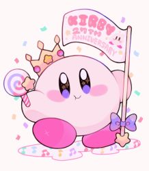 Rule 34 | anniversary, beamed eighth notes, blue eyes, blush stickers, bow, candy, confetti, crown, eighth note, english text, flag, food, invincible candy, iroirobox, kirby, kirby (series), lollipop, looking at viewer, musical note, nintendo, no humans, purple bow, smile, solo