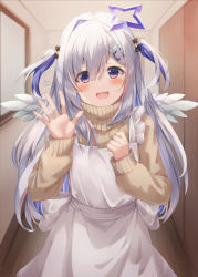 Rule 34 | 1girl, :d, absurdres, amane kanata, angel, angel wings, apron, blue hair, blue wings, blush, colored inner hair, commentary request, feathered wings, grey hair, hair ornament, hairclip, halo, highres, hololive, indoors, long hair, looking at viewer, mini wings, multicolored hair, nonexistent memories (jujutsu kaisen), official alternate hair length, official alternate hairstyle, open mouth, pink hair, purple eyes, smile, solo, star halo, streaked hair, sweater, turtleneck, turtleneck sweater, two side up, virtual youtuber, waving, white apron, white wings, wings, yellow sweater, yukikawa sara