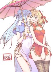 Rule 34 | 2girls, ;d, ahoge, alternate costume, alternate hairstyle, anisphia wynn palettia, anjuro zeeku, black thighhighs, blonde hair, blue capelet, blue hair, bow, breasts, bun cover, capelet, character name, china dress, chinese clothes, cleavage, commentary, covering privates, covering crotch, dress, english commentary, euphyllia magenta, fishnet thighhighs, fishnets, green eyes, hair bow, hair bun, hair ribbon, hand on another&#039;s hip, hand on own hip, highres, jewelry, light blue hair, long hair, medium breasts, multiple girls, oil-paper umbrella, one eye closed, open mouth, profile, red bow, red dress, red ribbon, ribbon, ring, short dress, short hair, side slit, simple background, smile, tensei oujo to tensai reijou no mahou kakumei, thighhighs, umbrella, white background, white dress, yuri