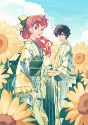 Rule 34 | 1boy, 1girl, absurdres, alternate costume, amamiya ren, black eyes, black hair, blue sky, bow, cloud, commentary, field, floating hair, floral print, flower, flower field, green bow, hair between eyes, hair bow, highres, holding hands, japanese clothes, kimono, long hair, looking at viewer, messy hair, obi, outdoors, persona, persona 5, persona 5 the royal, ponytail, print kimono, red eyes, red hair, sash, sky, smile, sunflower, sunflower field, symbol-only commentary, tsubsa syaoin, wide sleeves, yellow flower, yoshizawa kasumi
