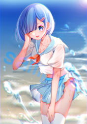 Rule 34 | 1girl, ;d, absurdres, blue eyes, blue hair, blue sailor collar, blue skirt, blurry, blurry background, breasts, cleavage, clothes lift, collarbone, collared shirt, hair ornament, hairclip, hand in own hair, highres, leaning forward, medium breasts, midriff, miniskirt, one eye closed, open mouth, pleated skirt, re:zero kara hajimeru isekai seikatsu, rem (re:zero), sailor collar, sailor shirt, shirt, short hair, short sleeves, skirt, skirt lift, smile, solo, standing, stomach, thighhighs, white shirt, white thighhighs, whj1356