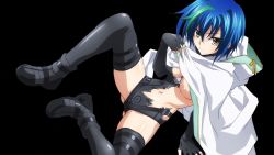 Rule 34 | 10s, 1girl, blue hair, boots, breasts, high school dxd, highres, large breasts, lying, solo, spread legs, torn clothes, xenovia quarta