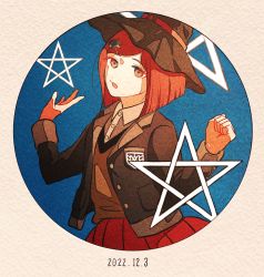 Rule 34 | 1girl, :o, blue background, brown hat, brown jacket, brown vest, collared shirt, cowboy shot, danganronpa (series), danganronpa v3: killing harmony, dated, dress shirt, grey background, grey shirt, hair ornament, hat, highres, jacket, kiri (2htkz), long sleeves, open clothes, open jacket, open mouth, pleated skirt, red hair, red skirt, shirt, short hair, skirt, solo, star (symbol), vest, witch hat, yumeno himiko