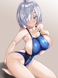 Rule 34 | 1girl, bad anatomy, blue one-piece swimsuit, breasts, competition swimsuit, fingernails, hair ornament, hair over one eye, hairclip, hamakaze (kancolle), hand on own chest, highleg, highleg swimsuit, highres, impossible clothes, impossible swimsuit, kantai collection, large breasts, long fingernails, one-piece swimsuit, silver hair, simple background, sitting, solo, swimsuit, torisan, undersized clothes, wariza
