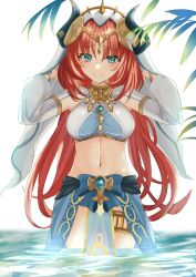 Rule 34 | 1girl, absurdres, blue eyes, blue skirt, blush, breasts, brooch, commentary request, crop top, genshin impact, highres, horns, jewelry, large breasts, long hair, long sleeves, looking at viewer, midriff, navel, neck ring, nilou (genshin impact), red hair, shinta (the-mattyaman), skirt, smile, solo, standing, stomach, thighlet, very long hair, wading, water, white background