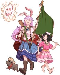 Rule 34 | 2girls, ;d, alternate costume, animal ears, bandana, bandolier, barefoot, black hair, blouse, boots, braid, carrot, carrot necklace, commentary request, flag, flagpole, floral print, frills, grin, gun, hair between eyes, hat, highres, inaba tewi, jewelry, layered skirt, long hair, mefomefo, mexican flag, mexico, multiple girls, necklace, one eye closed, open mouth, puffy short sleeves, puffy sleeves, purple hair, rabbit, rabbit ears, red eyes, reisen udongein inaba, rifle, sash, shirt, short hair, short sleeves, simple background, skirt, smile, sombrero, spanish commentary, touhou, very long hair, weapon, white background