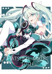 Rule 34 | 1girl, absurdres, aqua background, aqua eyes, aqua hair, buttons, character name, crypton future media, detached sleeves, double-breasted, hatsune miku, highres, long hair, looking at viewer, magical mirai miku, magical mirai miku (2017), midou (grk12138), necktie, open mouth, piapro, shoulder tattoo, skirt, sleeveless, solo, tattoo, thighhighs, twintails, vocaloid, white sleeves, white thighhighs