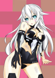 Rule 34 | 10s, 1girl, :o, absurdres, bare shoulders, black gloves, black heart (neptunia), blue eyes, blush, breasts, bruise, checkered background, cleavage, cleavage cutout, clothing cutout, cowboy shot, damaged, elbow gloves, flipped hair, gloves, groin, hair between eyes, halterneck, highres, injury, leaning, leotard, long hair, looking at viewer, magical girl, midriff, neptune (series), noire (neptunia), open mouth, power symbol, power symbol-shaped pupils, raised eyebrows, scuffed, shishin (shishintei), sideboob, simple background, solo, symbol-shaped pupils, thighhighs, thighs, torn clothes, torn gloves, torn leotard, turtleneck, very long hair, white hair