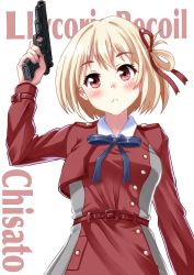 Rule 34 | 1girl, arm up, text background, blonde hair, blue bow, blush, bow, breasts, character name, closed mouth, commentary request, copyright name, dress, gun, hair ribbon, handgun, highres, holding, holding gun, holding weapon, kaze makase, long sleeves, looking at viewer, lycoris recoil, medium breasts, nishikigi chisato, red dress, red eyes, red ribbon, ribbon, simple background, solo, weapon, weapon request, white background