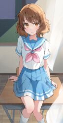 Rule 34 | 1girl, absurdres, arm support, blue sailor collar, blue skirt, blush, brown eyes, brown hair, classroom, closed mouth, commentary, curtains, day, desk, feet out of frame, hibike! euphonium, highres, indoors, kitauji high school uniform, kneehighs, looking at viewer, neckerchief, ogura (sao no), on desk, oumae kumiko, pink neckerchief, pleated skirt, sailor collar, school desk, school uniform, serafuku, short hair, sitting, on desk, skirt, socks, solo, summer uniform, sunlight, white serafuku, white socks