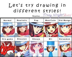 Rule 34 | blue eyes, blush, brown hair, capcom, earrings, gloves, ace attorney, hat, knife, lips, looking at viewer, mii (nintendo), trucy wright, open mouth, smile, top hat, v