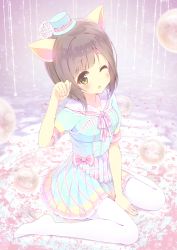 Rule 34 | 10s, 1girl, ;o, alc (ex2 lv), animal ears, bad id, bad pixiv id, between legs, blush, brown hair, bubble, cat ears, commentary request, dress, flower, green eyes, hair flower, hair ornament, hand between legs, hat, highres, idolmaster, idolmaster cinderella girls, maekawa miku, mini hat, mini top hat, no shoes, one eye closed, pantyhose, paw pose, pleated dress, rose, sailor collar, short hair, sitting, solo, top hat, wariza, white flower, white pantyhose, white rose