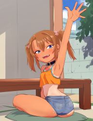 Rule 34 | 1girl, :d, armpits, ass, blue eyes, blush, breasts, brown hair, child, collar, covered erect nipples, dark-skinned female, dark skin, ebisujima misato, hair between eyes, highres, looking at viewer, one-piece tan, open mouth, original, short shorts, shorts, sitting, skindentation, smile, solo, table, tan, tank top, tanline, teeth, thighs, twintails, yuma (ebisujima misato)