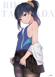 Rule 34 | 1girl, anho, text background, bare shoulders, black hair, black pantyhose, black skirt, blue eyes, blue one-piece swimsuit, blush, breasts, character name, closed mouth, clothes lift, competition swimsuit, covered navel, cowboy shot, gridman universe, hair ornament, hair scrunchie, lifted by self, long hair, long sleeves, looking at viewer, medium breasts, miniskirt, off shoulder, one-piece swimsuit, open clothes, open shirt, pantyhose, pleated skirt, ponytail, scrunchie, shirt, sideboob, skirt, skirt lift, smile, solo, ssss.gridman, swimsuit, swimsuit under clothes, takarada rikka, thighband pantyhose, undressing, white background, white shirt