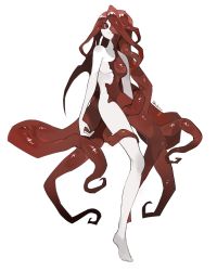 Rule 34 | 1girl, barefoot, closed mouth, colored sclera, colored skin, completely nude, highres, long hair, looking at viewer, monster girl, nude, original, red eyes, red hair, red sclera, red skin, ruteko (ruko220), simple background, solo, tentacles, very long hair, white background, white skin