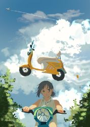 Rule 34 | 1girl, aircraft, airplane, black eyes, black hair, blue sky, cloud, cloudy sky, day, dress, driving, expressionless, floating, floating object, highres, jewelry, looking up, motor vehicle, necklace, original, parted lips, ponytail, riding, scooter, short hair, sidelocks, sky, sleeveless, sleeveless dress, tree, vehicle focus, white dress, zhongerweiyuan