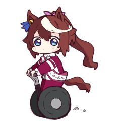 Rule 34 | 1girl, animal ears, birthday sash, blue eyes, blush, brown hair, chibi, closed mouth, commentary, full body, hair between eyes, hair ribbon, horse ears, horse girl, horse tail, jacket, long hair, long sleeves, looking at viewer, multicolored hair, nozo (hitomiz), pants, pink ribbon, ponytail, red jacket, red pants, ribbon, sash, segway, simple background, sleeves past wrists, solo, streaked hair, symbol-only commentary, tail, tokai teio (umamusume), track jacket, track pants, track suit, translation request, umamusume, very long hair, white background, white hair