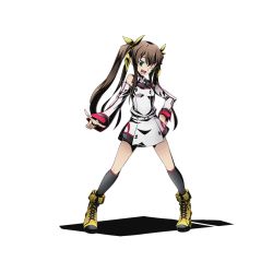 Rule 34 | 10s, 1girl, alpha transparency, black socks, boots, brown hair, cross-laced footwear, detached sleeves, divine gate, fang, full body, green eyes, hair ribbon, hand on own hip, huang lingyin, index finger raised, infinite stratos, kneehighs, lace-up boots, long hair, looking at viewer, official art, one eye closed, open mouth, ribbon, socks, solo, transparent background, twintails, ucmm, yellow ribbon