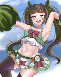 Rule 34 | 1girl, absurdres, arm up, armpits, blue sky, bow, breasts, brown hair, character request, check commentary, cheerleader, cloud, cloudy sky, collarbone, commentary, commentary request, floating hair, hair ornament, heart, heart-shaped pupils, highres, holding, holding pom poms, jumping, long hair, looking at viewer, multicolored hair, navel, open mouth, original, outstretched arm, pom pom (cheerleading), pom poms, reij dddn, skirt, sky, small breasts, smile, solo, stomach, streaked hair, sweat, symbol-shaped pupils, thighhighs, thighs, twintails, uniform, very long hair
