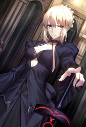 Rule 34 | 1girl, artoria pendragon (all), artoria pendragon (fate), black dress, black ribbon, blonde hair, braid, breasts, cleavage, closed mouth, dress, excalibur morgan (fate), expressionless, fate/stay night, fate (series), french braid, hair between eyes, highres, juliet sleeves, long sleeves, looking at viewer, medium breasts, pale skin, puffy sleeves, ribbon, saber alter, shigure s, solo, sword, weapon, wide sleeves, yellow eyes