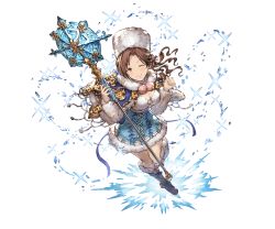 Rule 34 | 10s, 1girl, blue footwear, boots, breasts, brown eyes, brown hair, capelet, cleavage, cross-laced footwear, full body, fur boots, fur hat, fur trim, granblue fantasy, hat, holding, ice, idolmaster, idolmaster cinderella girls, kawashima mizuki, knee boots, lace-up boots, long hair, looking at viewer, matching hair/eyes, minaba hideo, official art, one eye closed, smile, solo, staff, transparent background, white background, winter clothes