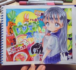 Rule 34 | 1girl, art tools in frame, bad id, bad twitter id, blue sailor collar, blue skirt, bow, candy, cowboy shot, e rhn001, expressionless, food, from side, grey eyes, highres, jelly bean, leaf, long hair, marker (medium), neckerchief, original, photo (medium), pink bow, pleated skirt, red neckerchief, sailor collar, shirt, short sleeves, silver hair, skirt, solo, traditional media, white shirt