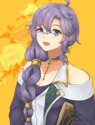 Rule 34 | 1girl, :d, alternate costume, arc the lad, arc the lad ii, book, breasts, cleavage, earrings, glasses, hair ornament, hoop earrings, jewelry, long hair, looking at viewer, namerow chang, neck ring, open mouth, pince-nez, purple eyes, purple hair, simple background, smile, solo, upper body, yellow background