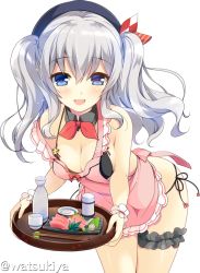 Rule 34 | 10s, 1girl, apron, bare shoulders, bikini, blue eyes, blush, breasts, cleavage, kantai collection, kashima (kancolle), leaning forward, long hair, looking at viewer, open mouth, silver hair, smile, solo, swimsuit, tagme, transparent background, watsuki ayamo