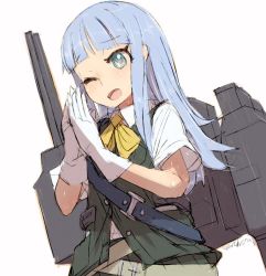 Rule 34 | 1girl, alchera, ascot, blouse, blue hair, blunt bangs, cannon, gloves, grey skirt, grey vest, hatsukaze (kancolle), kantai collection, long hair, machinery, one eye closed, own hands together, pleated skirt, school uniform, shirt, sidelocks, skirt, solo, turret, upper body, vest, white gloves, white shirt, yellow ascot