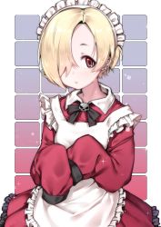 Rule 34 | 1girl, :o, absurdres, alternate costume, apron, black ribbon, blonde hair, blush, dress, ear piercing, earclip, enmaided, frilled apron, frilled dress, frills, gradient background, hair over one eye, highres, idolmaster, idolmaster cinderella girls, long sleeves, looking at viewer, maid, maid headdress, neck ribbon, parted lips, piercing, puffy long sleeves, puffy sleeves, red dress, red eyes, ribbon, shirasaka koume, short hair, skull, sleeves past wrists, solo, sparkle, sunege (hp0715), white apron