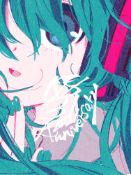 Rule 34 | 1girl, :d, aqua hair, aqua nails, blue eyes, chabi (amedama), close-up, dated, english text, film grain, finger to own chin, hand on own chin, hand up, hatching (texture), hatsune miku, linear hatching, long hair, looking at viewer, nail polish, open mouth, portrait, round teeth, smile, solo, swept bangs, tareme, teeth, upper teeth only, vocaloid