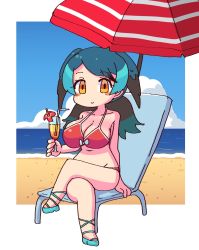 Rule 34 | 1girl, beach, beach chair, beach umbrella, bikini, black hair, blue hair, blue sky, blush, blush stickers, breasts, cleavage, cloud, commentary request, crossed legs, cup, day, empty eyes, head wings, highres, holding, holding cup, kemono friends, long hair, multicolored hair, navel, outdoors, passenger pigeon (kemono friends), pozesuke, sitting, sky, smile, solo, swimsuit, umbrella, wings, yellow eyes