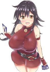 Rule 34 | 1girl, arm strap, asymmetrical clothes, ayame riyo, bell, belt, blush, bracelet, breasts, brown eyes, card, choker, collarbone, commentary request, curly hair, dress, duel masters, hand up, highres, holding, holding card, jewelry, large breasts, long hair, neck bell, open mouth, purple hair, red dress, single sleeve, tasogare mimi, taut clothes, upper body