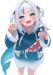 Rule 34 | 1girl, :d, absurdres, blue eyes, blue hair, blue jacket, blue nails, fingernails, fins, fish tail, gawr gura, gawr gura (1st costume), hashiko nowoto, highres, hololive, hololive english, jacket, looking at viewer, multicolored hair, nail polish, open mouth, shark tail, sharp teeth, short hair, simple background, smile, solo, tail, teeth, two-tone hair, two side up, upper teeth only, virtual youtuber, white background, white hair