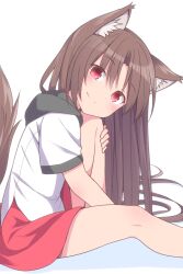 Rule 34 | 1girl, adapted costume, aged down, animal ear fluff, animal ears, bare legs, brown hair, fang, fang out, highres, imaizumi kagerou, kazawa (tonzura-d), long hair, looking at viewer, looking to the side, miniskirt, red eyes, red skirt, shirt, short sleeves, simple background, sitting, skin fang, skirt, smile, tail, touhou, white background, white shirt, wolf ears, wolf girl, wolf tail